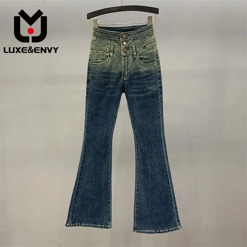 

LUXE&ENVY Gradient Slightly High Waisted Denim Jeans Women's New Elastic Slim Fitting Westernized Mop Pants 2023 Autumn