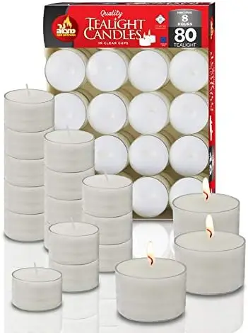 

Burning Tealight Candles - 8 Hours - White in Clear Cups - Unscented - 80 Pack - EU Fake candle Wax melts Soy candle wax Votive