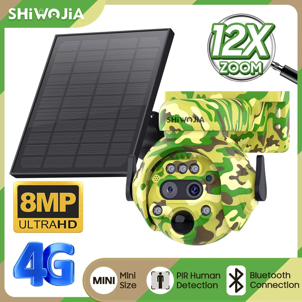 Shiwojia 12X Zoom 4G Lte Fotocamera Solare 8Mp Outdoor Dual-Lens View Monitoraggio Animale Wifi Batteria Solare Fotocamera Pir Rilevamento Umano