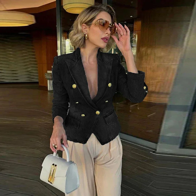 Slim Cropped Denim Jacket Women Lapel Long Sleeve Double Breasted Blazer Coat Female 2025 Spring Summer High Street Outwears