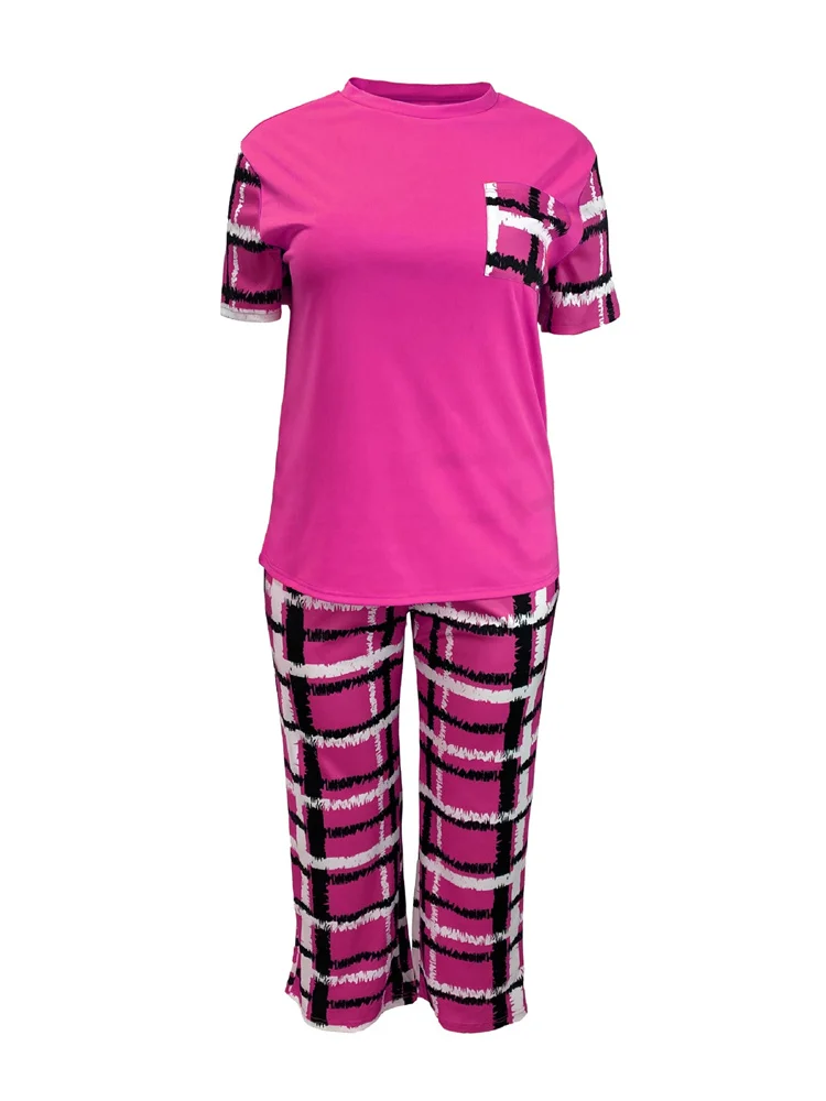 Wmstar Plus Size Two Piece Sets Women Clothing Solid Tops and Pants Plaid Wide Leg Pockets Wholesale Dropshopping New in Summer