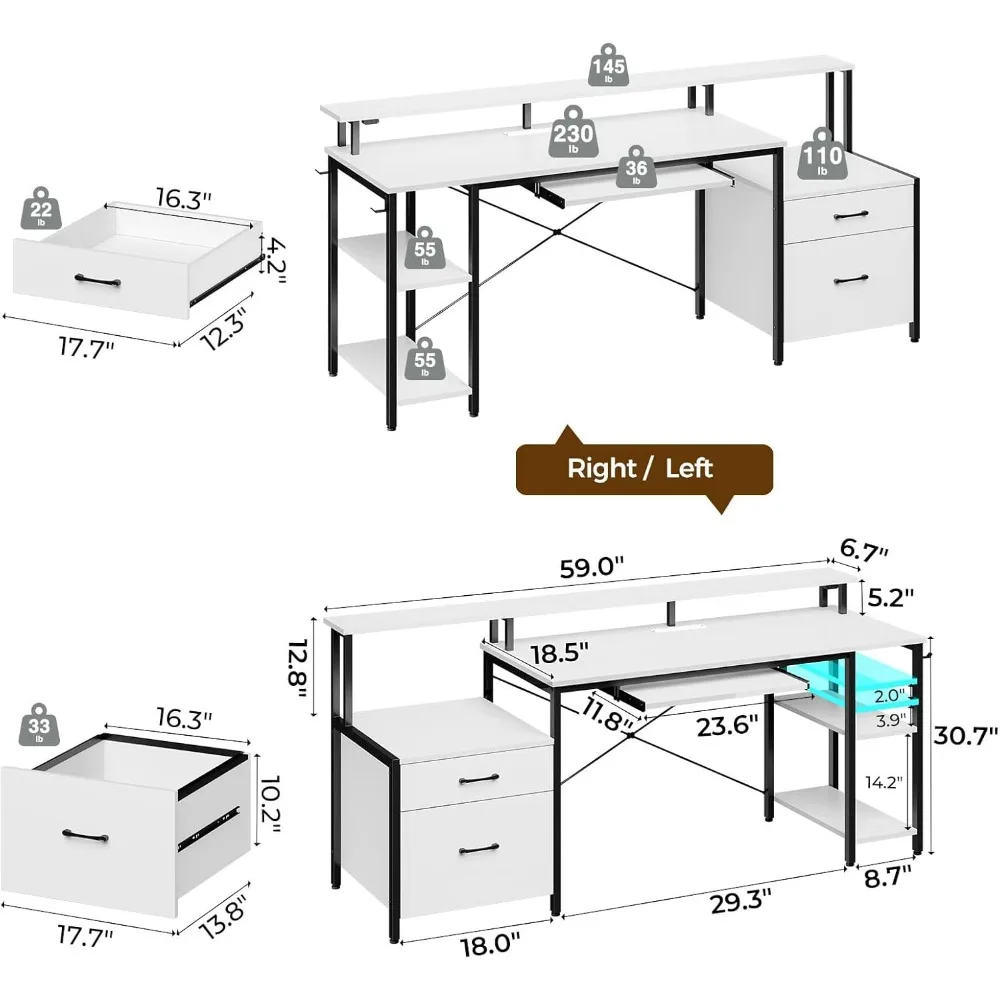 Computer Desk File Drawer, Gaming Desk with LED Light & Power Outlets, Home Office Desk with File Cabinet 3