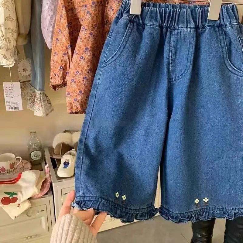 

Girls Pants Children Korean Casual Thin Jeans Baby Wear Fashion Lace Straight Leg Pants Simple Casual Trousers Korean Simple
