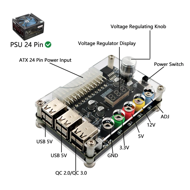 ATX ATX USB 2.0 güç kaynağı modülü ayarlanabilir voltaj gücü adaptör panosu  ile dijital ekran destek 3.3V/5V/12V 1.8V-10.8V - AliExpress