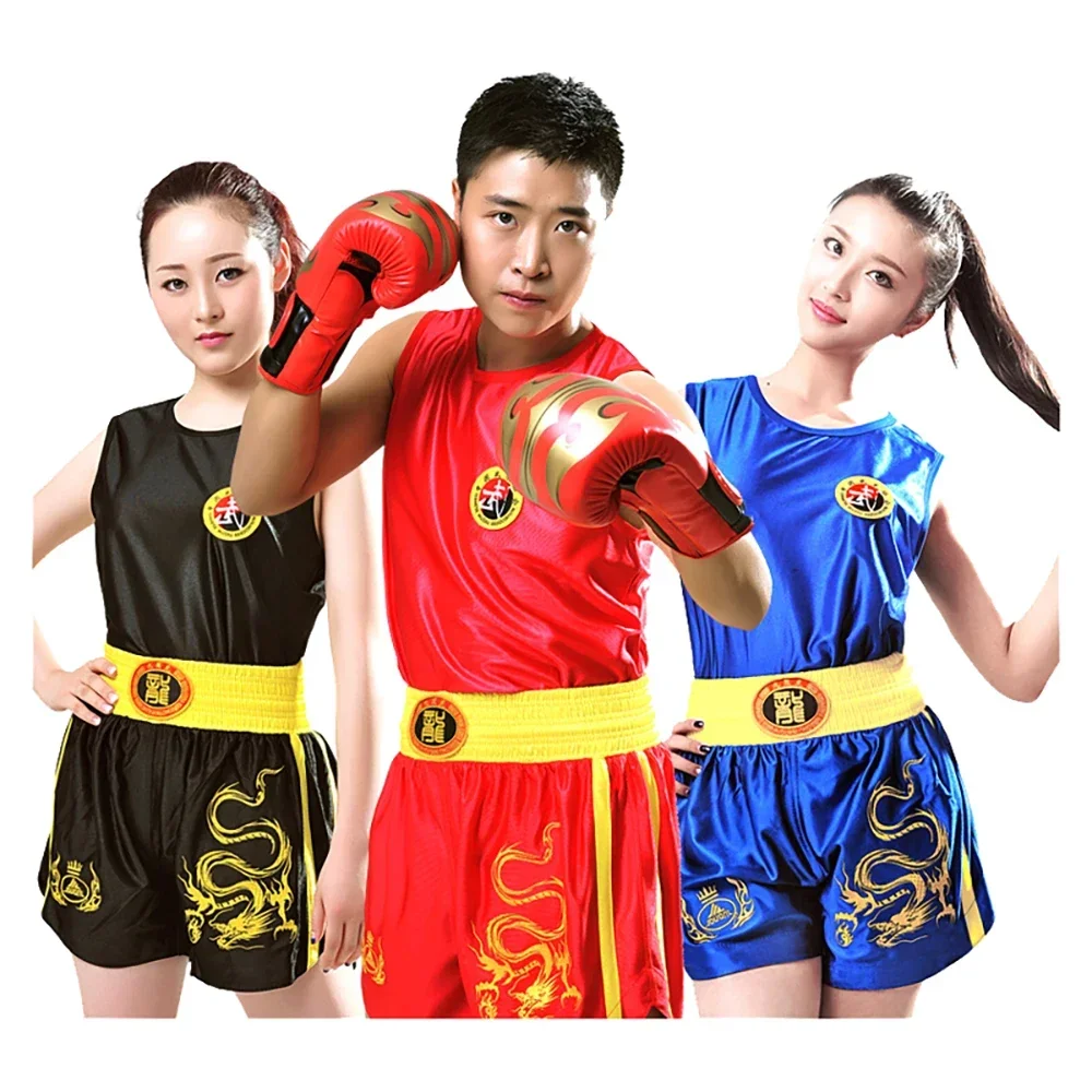 Donna Uomo Muay Thai Pantaloncini E T-Shirt Sport Kick Boxing Uniforme Training Wushu Trunks Fightwear Clothes Set