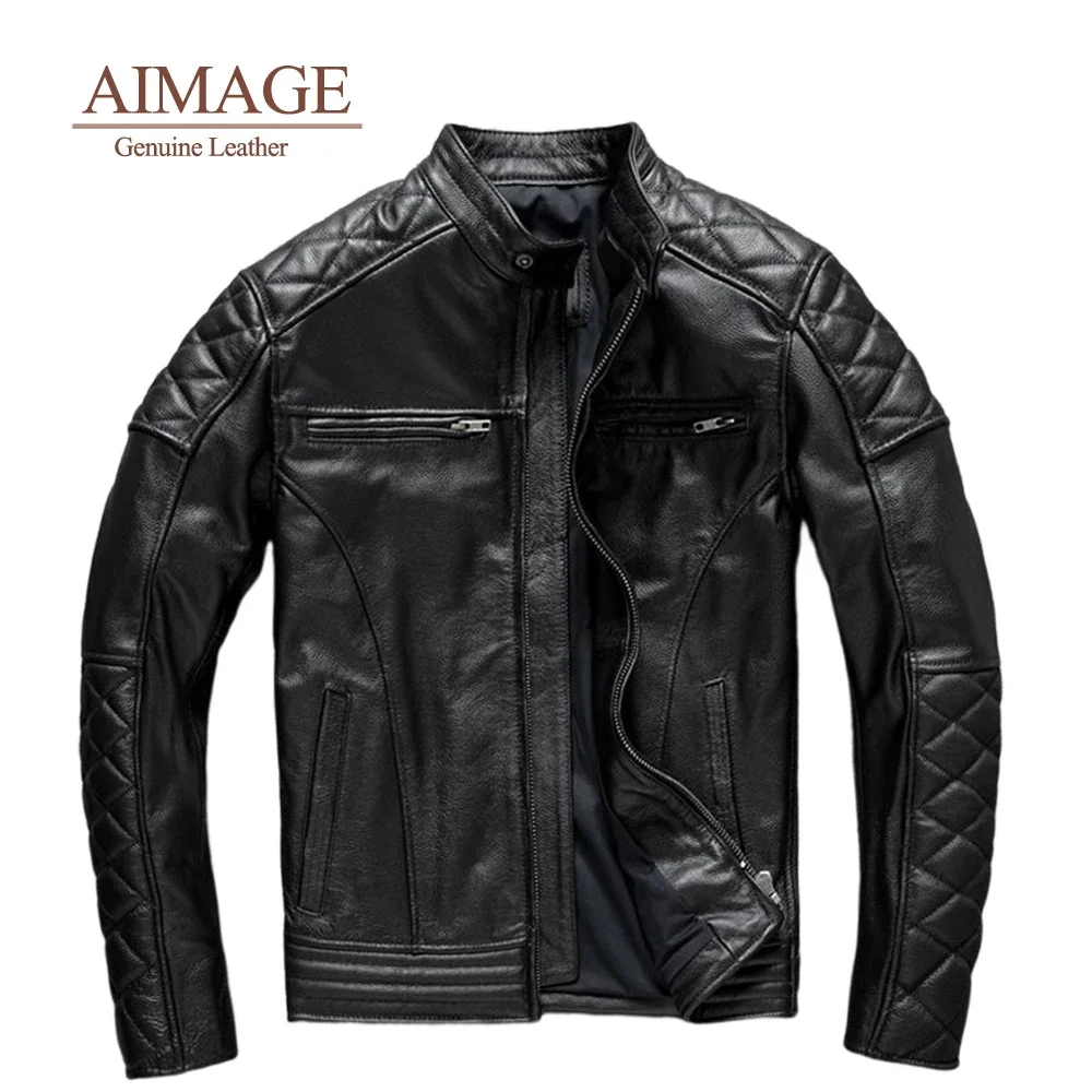 

Cow Leather Men Chaqueta De Cuero Hombre Moto Motorcycle Coat Zipper Stand Collar Cowhide Jackets Loose Calf Skin Clothes PY400