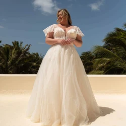 High Quality Wedding Dresses Plus Size Tulle V-Neck Short Sleeves Bride Gowns Lace Applique A-Line Sweep Train Vestido De Noiva