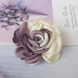 Set of 5 Large Handmade Satin Fabric Rose Flowers for Elegant Decor and Crafts (Purple Beige)
