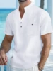 Men's Cotton Linen Short-Sleeve Shirt with Stand Collar & Half-Button Placket - Casual Outdoor Leisure Wear for Spring and Summe