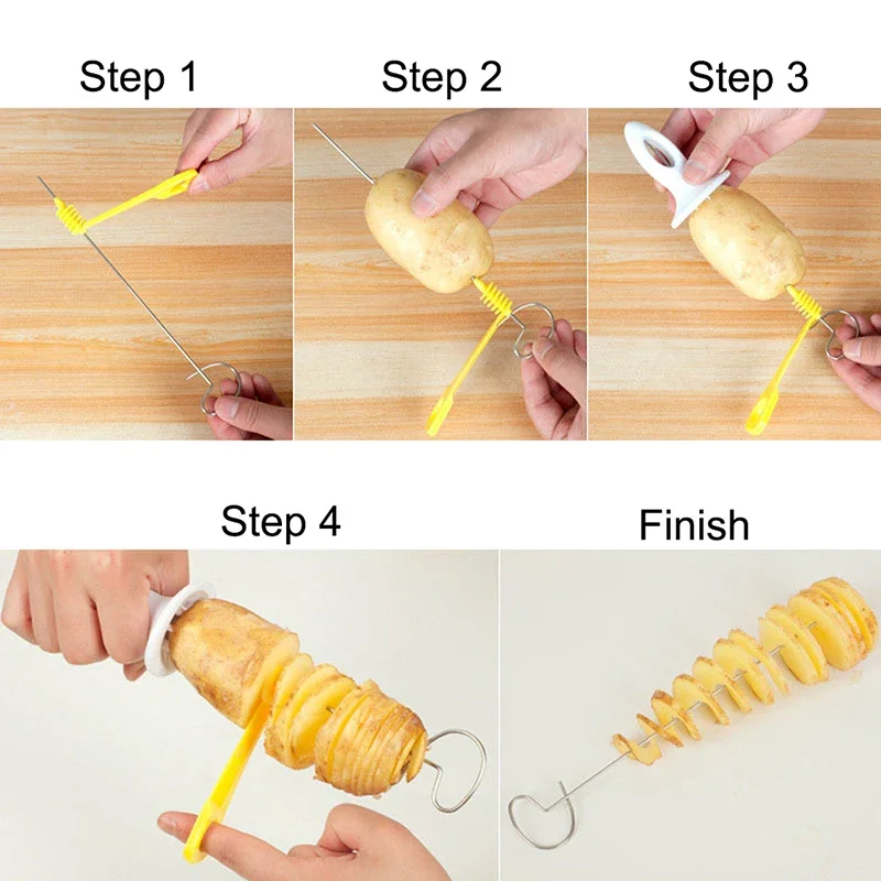 Description Picture 5 of itemRotate Potato Slicer 3 String Twisted Potato Slice Cutter Spiral DIY Manual Creative Kitchen Gadgets Vegetables Spiral Knife