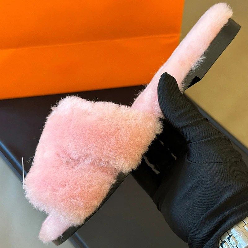 

Women Slippers Spring Autumn 2023 New Unique Plush Upper Design Solid Color Round Head Slippers Simple Versatile Female Shoes