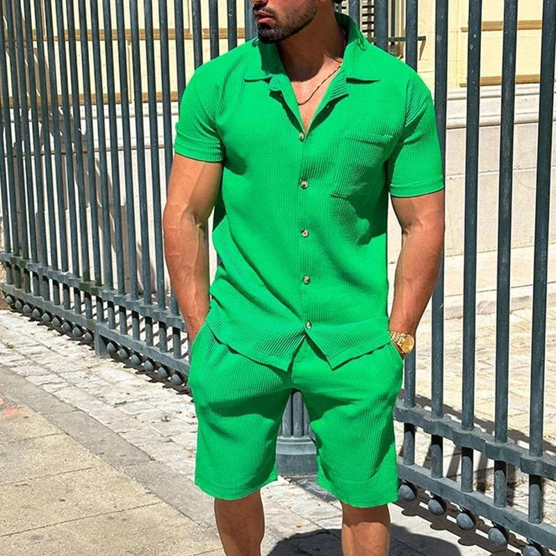 2024 Summer Turn-down Collar Casual Loose Men's Sets Solid Soft Single Breasted Button Shirts Shorts Suit Mens Two-piece Suits 5