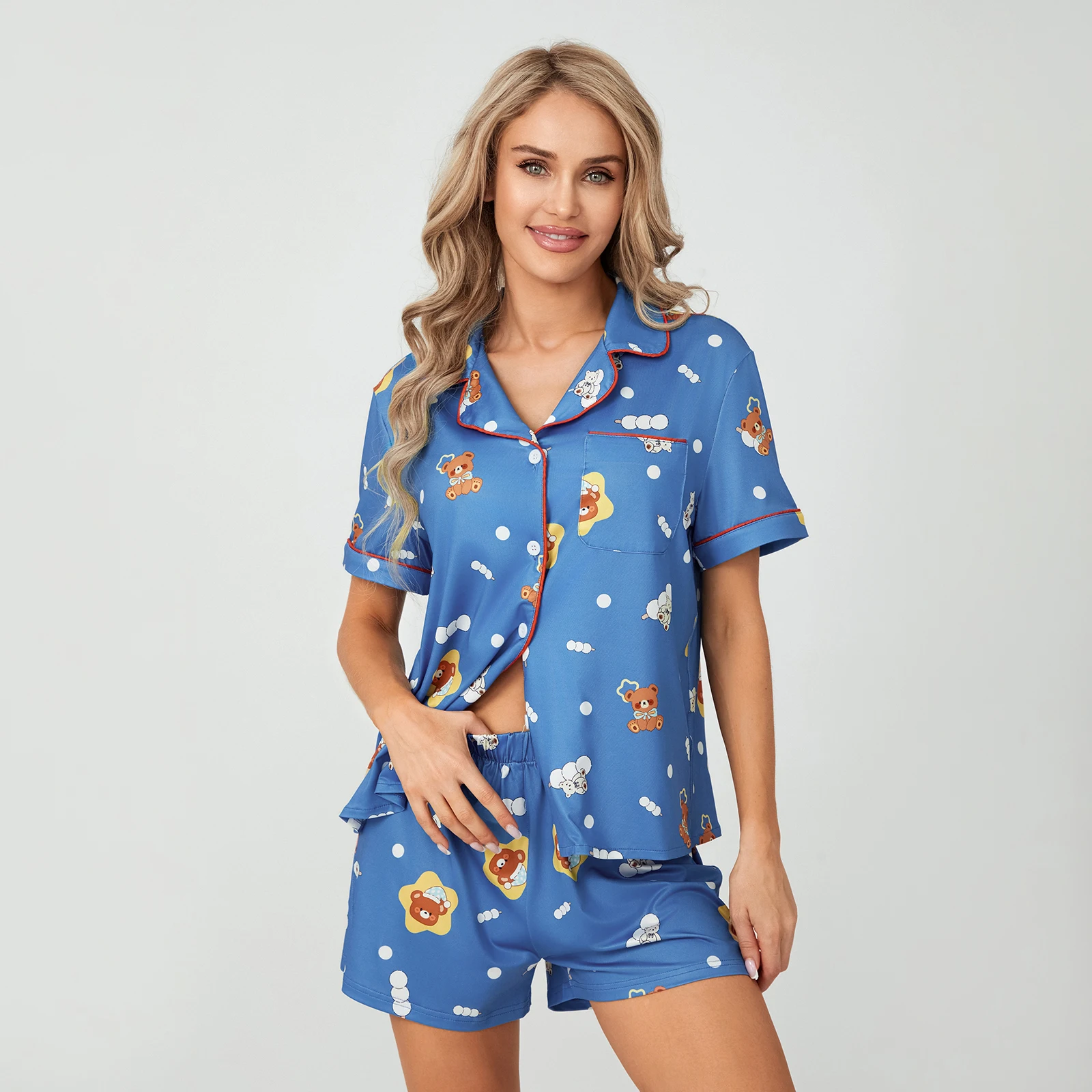 

Women’s Summer 2 Piece Pajamas Set Short Sleeve Bear Print Button Up Shirt + Shorts Set Loose Loungewear