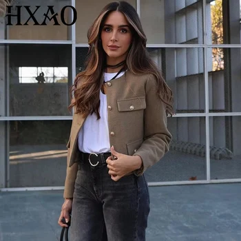 HXAO أزياء المرأة اقتصاص السترات الخريف الشتاء طويلة الأكمام سترة محكم زر حتى سترة امرأة أنيقة وأنيقة