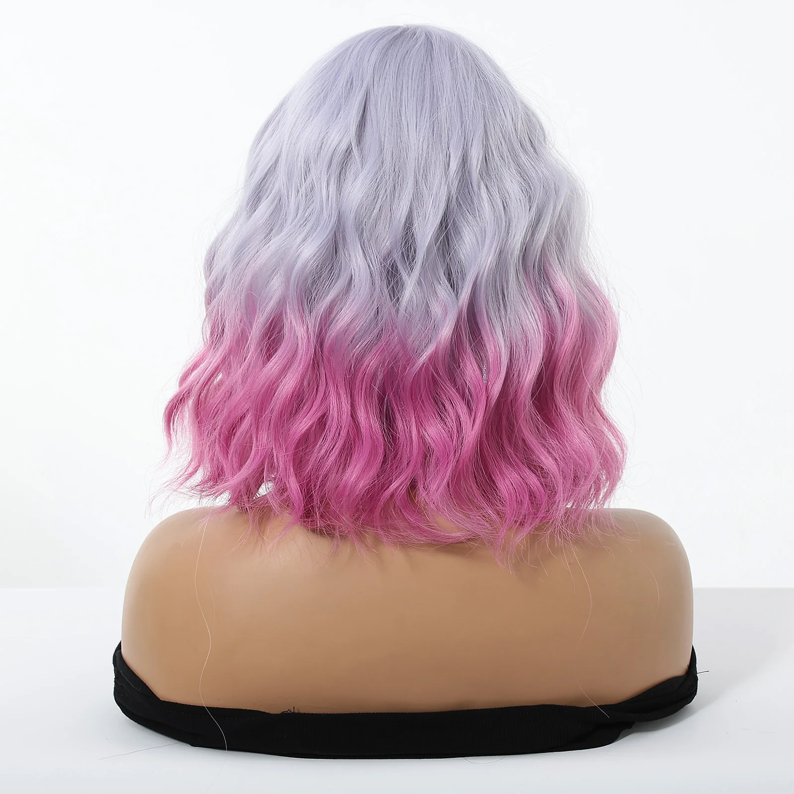Perruque Carré Bouclée Dégradé Violet Rose avec Frange – photo 5