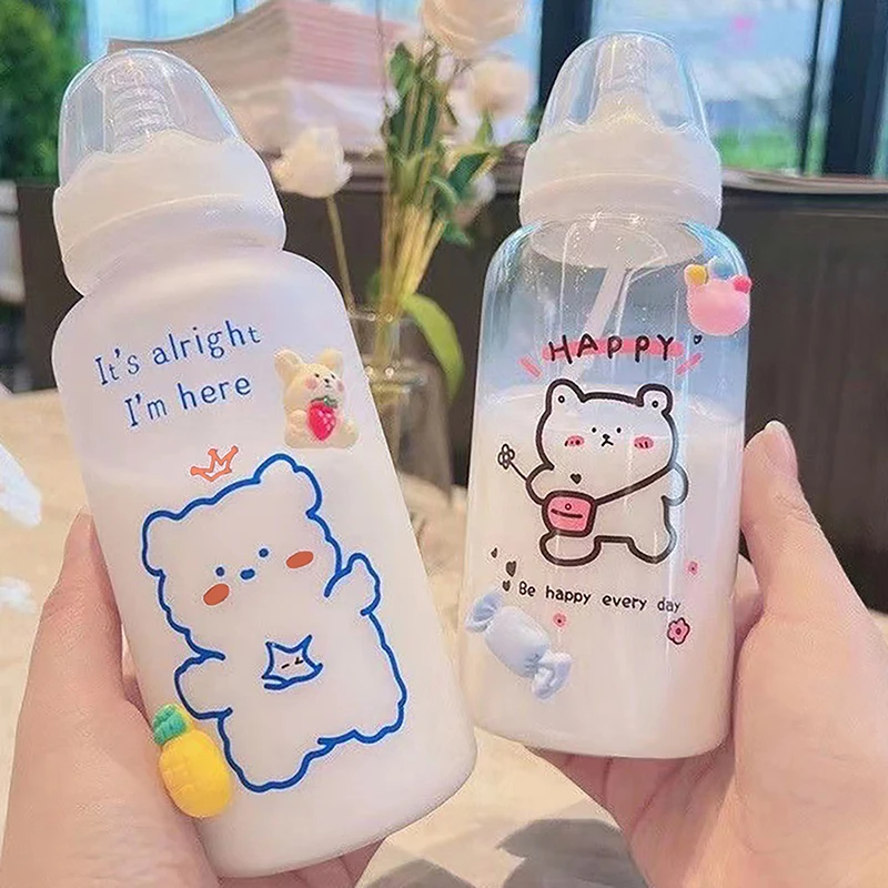 Cute Plastic Strawberry Bear Water Bottle 1PC 400ml for Kids Adult Milk Juice Straw Cup Frosted Leakproof Drinking Bottles for Water Bottle