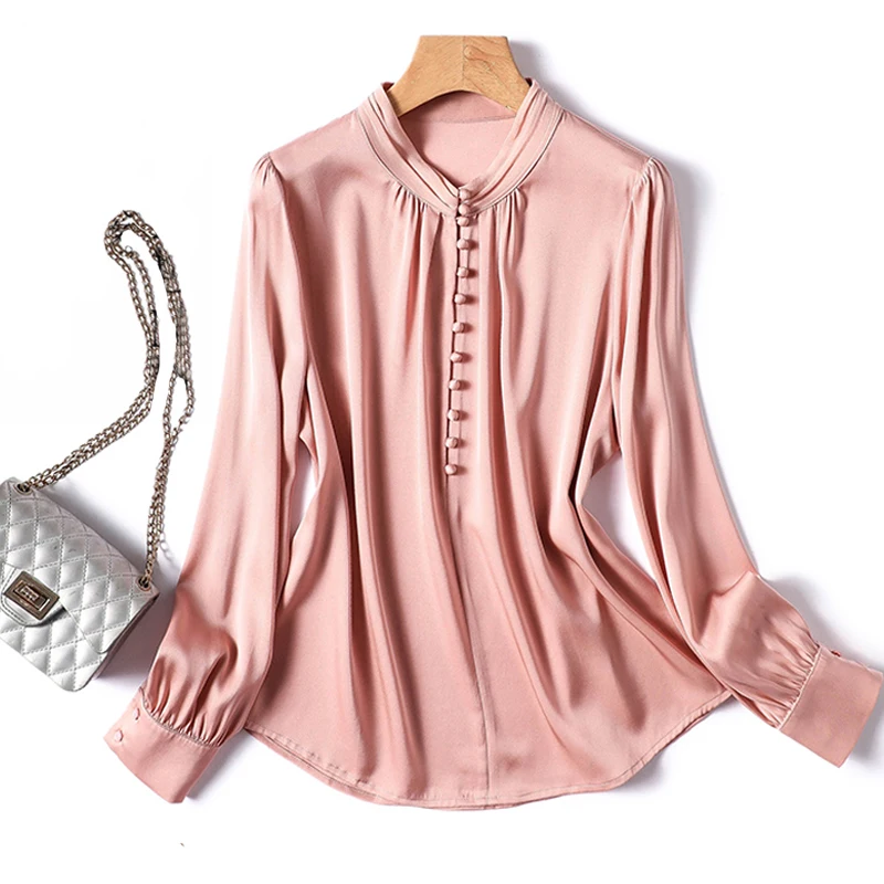 

Женский Атласный топ с воротником-стойкой, Элегантная Шелковая офисная блузка с длинным рукавом, простая профессиональная рубашка, осень 2023