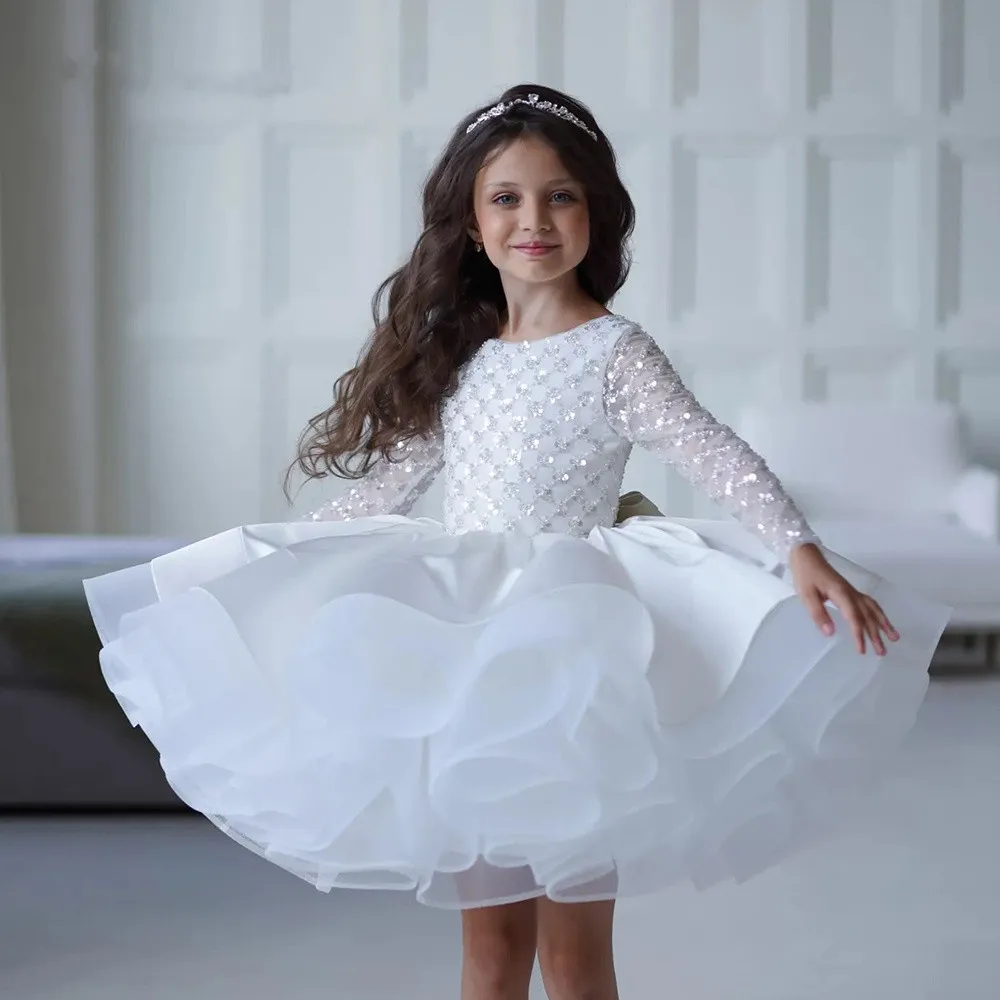 

New White Flower Girl Dresses Sparkly Sequined Dress Elegant Wedding Party Dress Cute Baby Girl Dress First Communion Dress