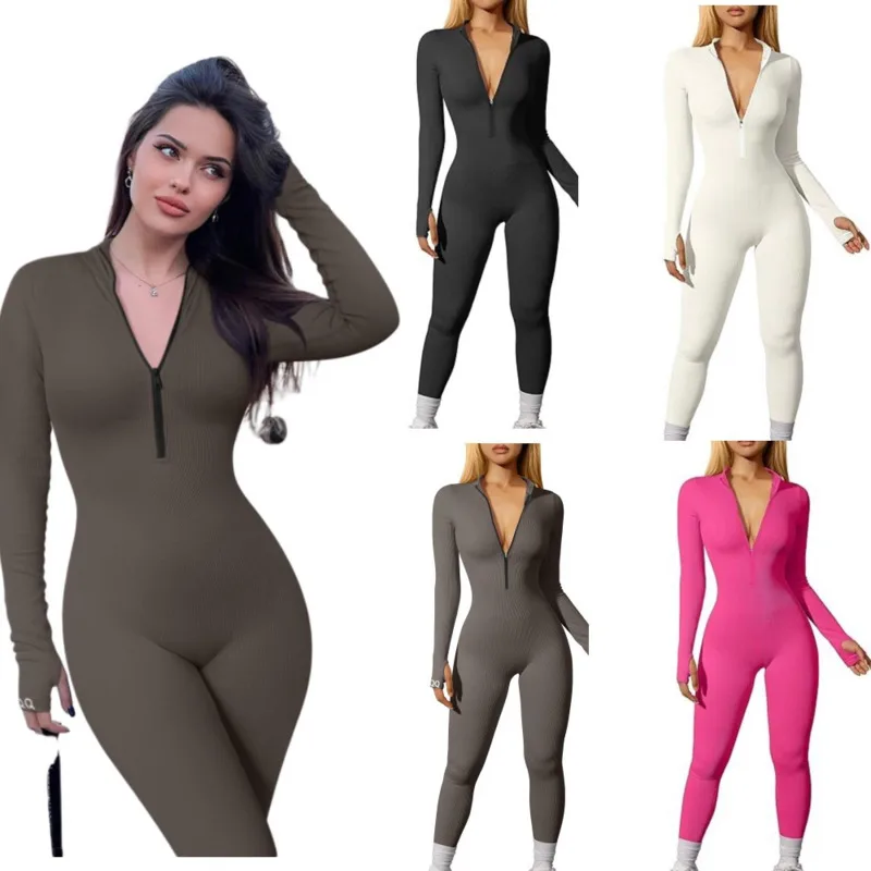 

Winter Women Jumpsuits One-Piece Suit Zipper Yoga Jumpsuit Long Sleeved Yoga Set Gym Fitness Bodysuit Tight Fitting Tracksuit
