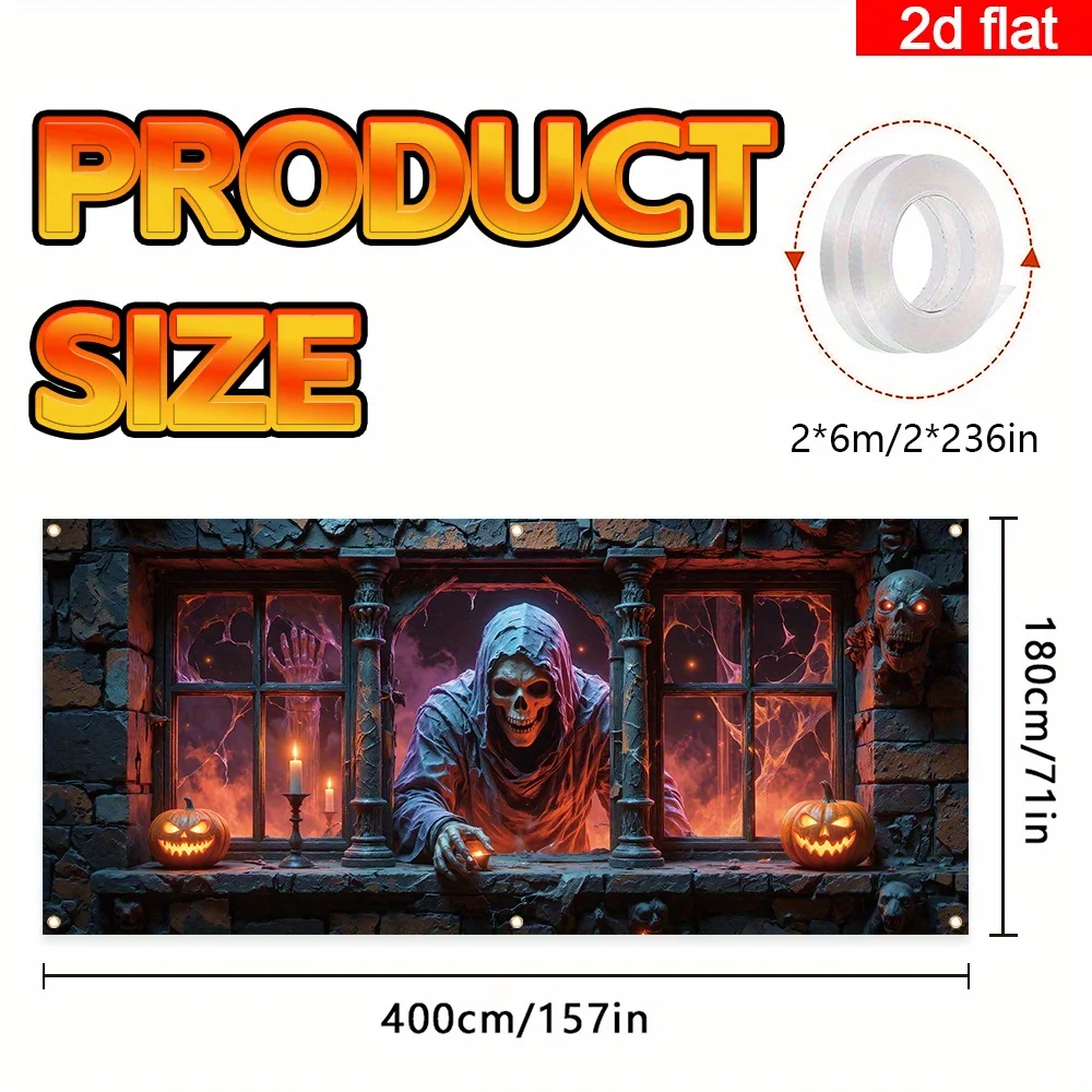 2D-Flachbanner 1 STÜCK Eine große Halloween-Garagentur, gespenstische Fensterszenen mit leuchtenden Kürbissen, Skeletten und Gothicbögen – Detail 7