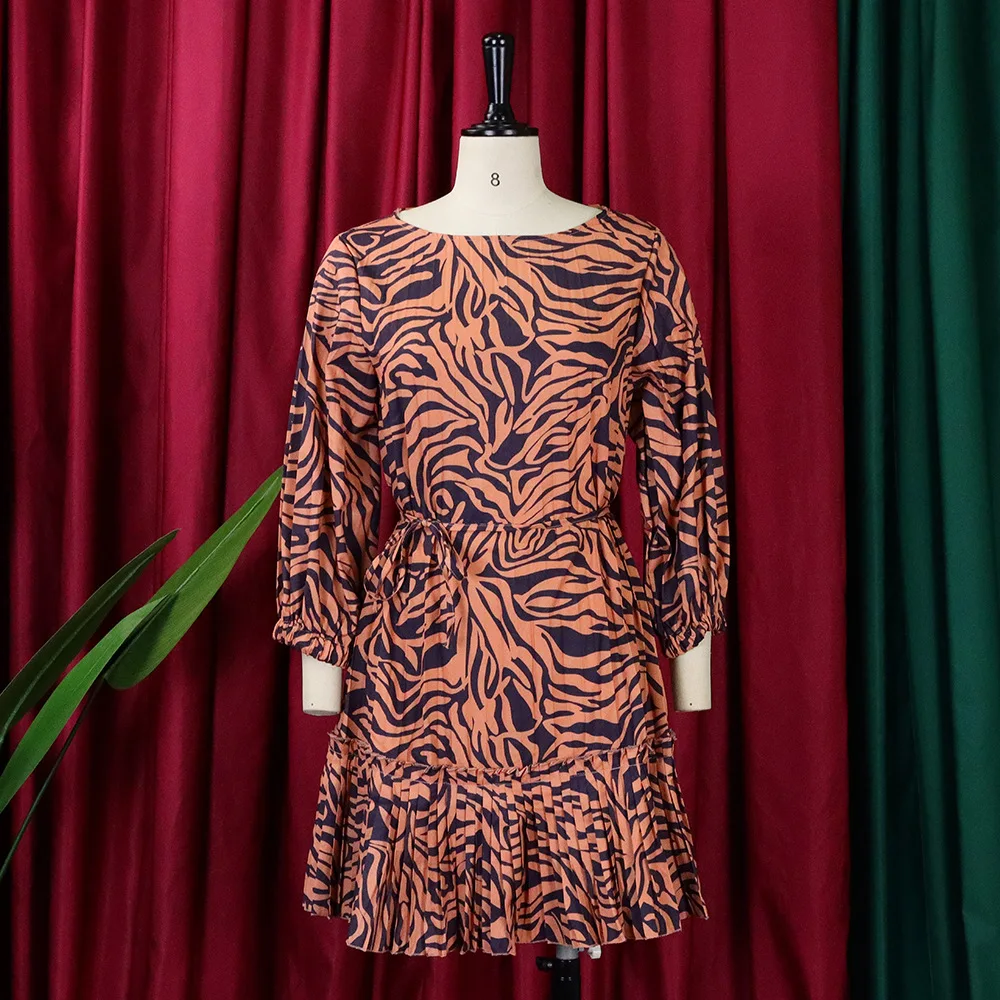 Plus Size Mini Dress Women Print Pleated Long Sleeve Elegant Party Dress 2023 Spring Casual Robe Female Designer Fashion Outfit