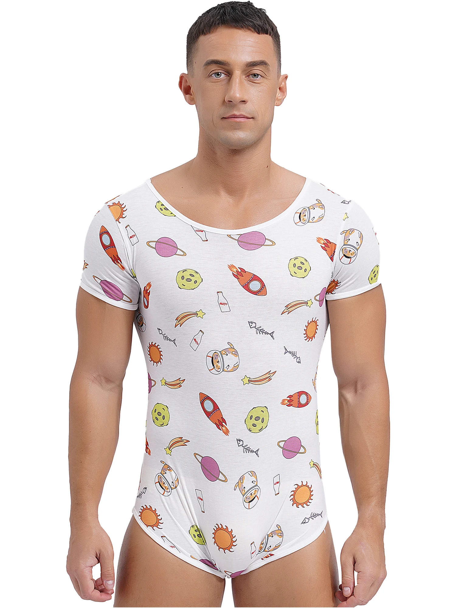 thumbnail image 1 of Mono Sexy de manga corta con botones en la entrepierna para hombre, pijama, mono con estampado de dibujos animados, ropa de dormir, traje de baño, 1 of 5