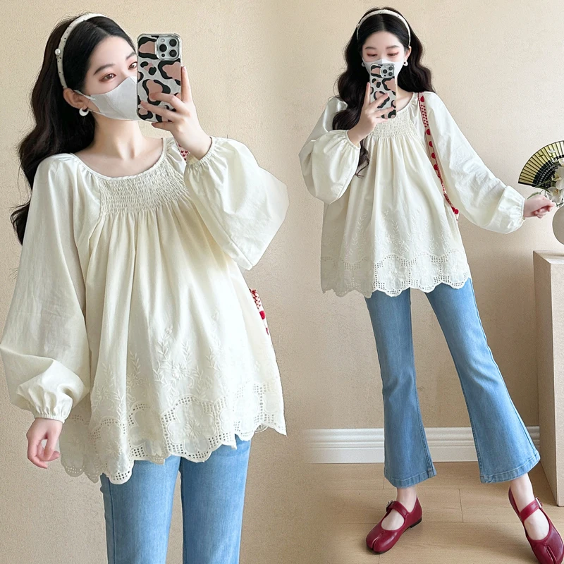 D82478    임신 블라우스 쉬운 매칭 봄 가을 자수 루즈핏 홀로우 아웃 디자인..