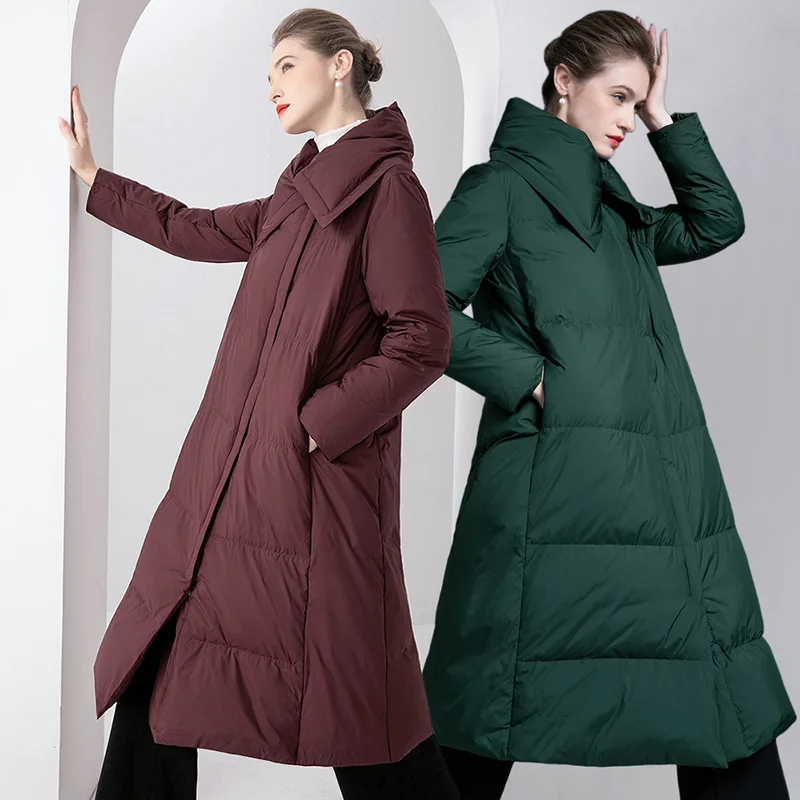 Winter new minimalist and atmospheric A-hem thickened and loose warm down jacket for women's long style