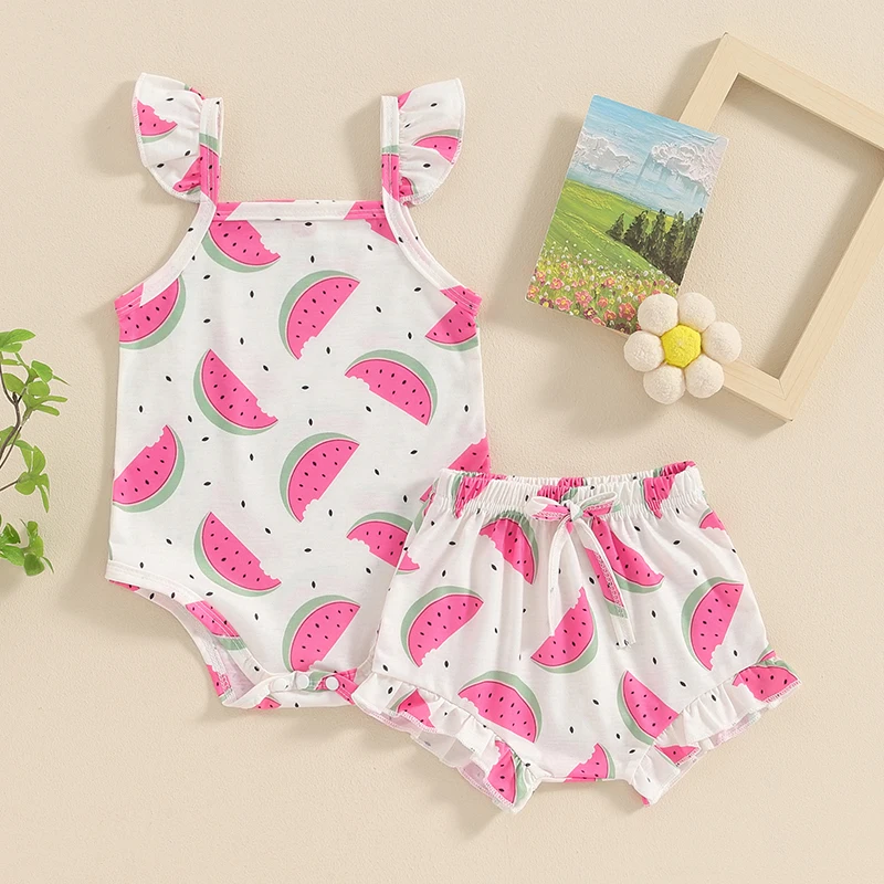 Baby Baby Mädchen 2 Stück Sommer Outfits ärmellose Wassermelone/Blumen druck Riemen Stram pler Shorts Set Kleidung