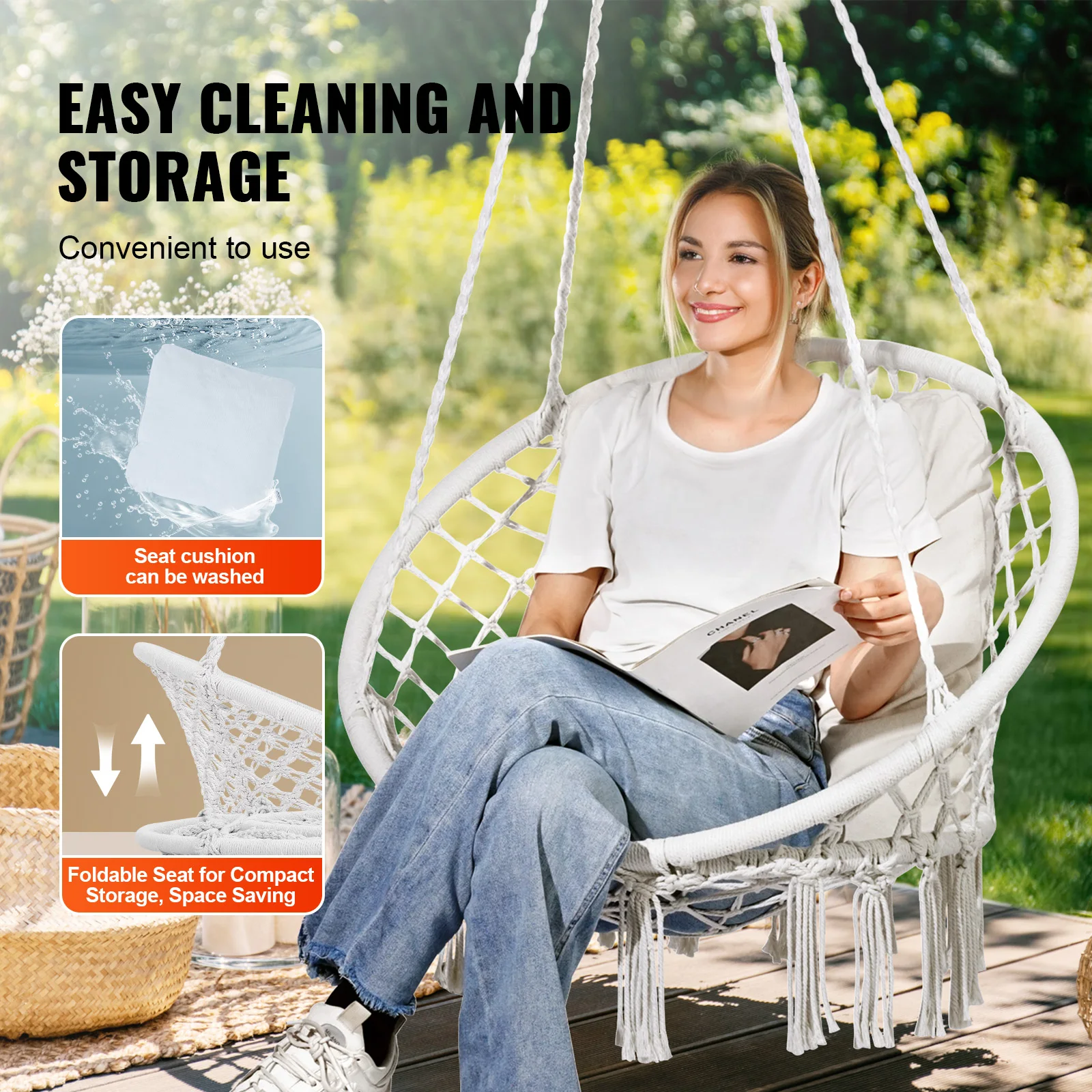 Hanging Hammock Swing Chair 330lbs Macram&eacute; Hanging Chair Cotton Rope Swing for Bedroom Balcony Patio Garden White
