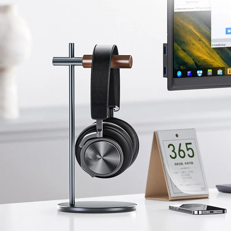 Universal Headphones Stand Aluminum Alloy+Wood Gaming Headset Desktop Bracket Display Shelf with Anti-slip Pad for VR Glasses