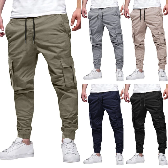 Pantalones cargo para hombre, de verano, casuales, holgados, con cordón en  la cintura, cónicos con múltiples bolsillos