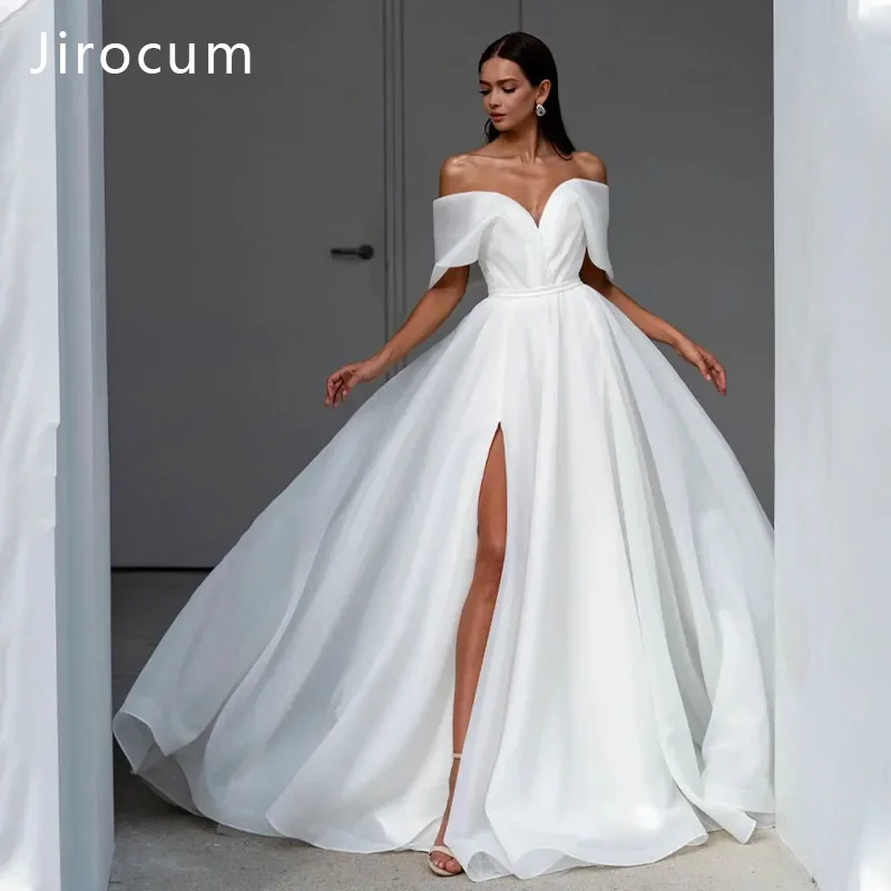 

Jirocum Gorgeous Off Shoulder Bridal Gown A-line V-neck High Split Wedding Dress Bow and Floor Small Tail Evening Dresses 2024