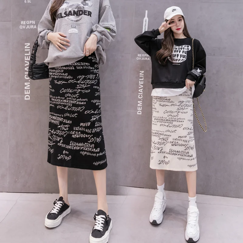 5569# Autumn Winter Letter Printed Knitted Maternity Skirts Elastic Waist Belly Clothes for Pregnant Women Pencil Slim Pregnancy