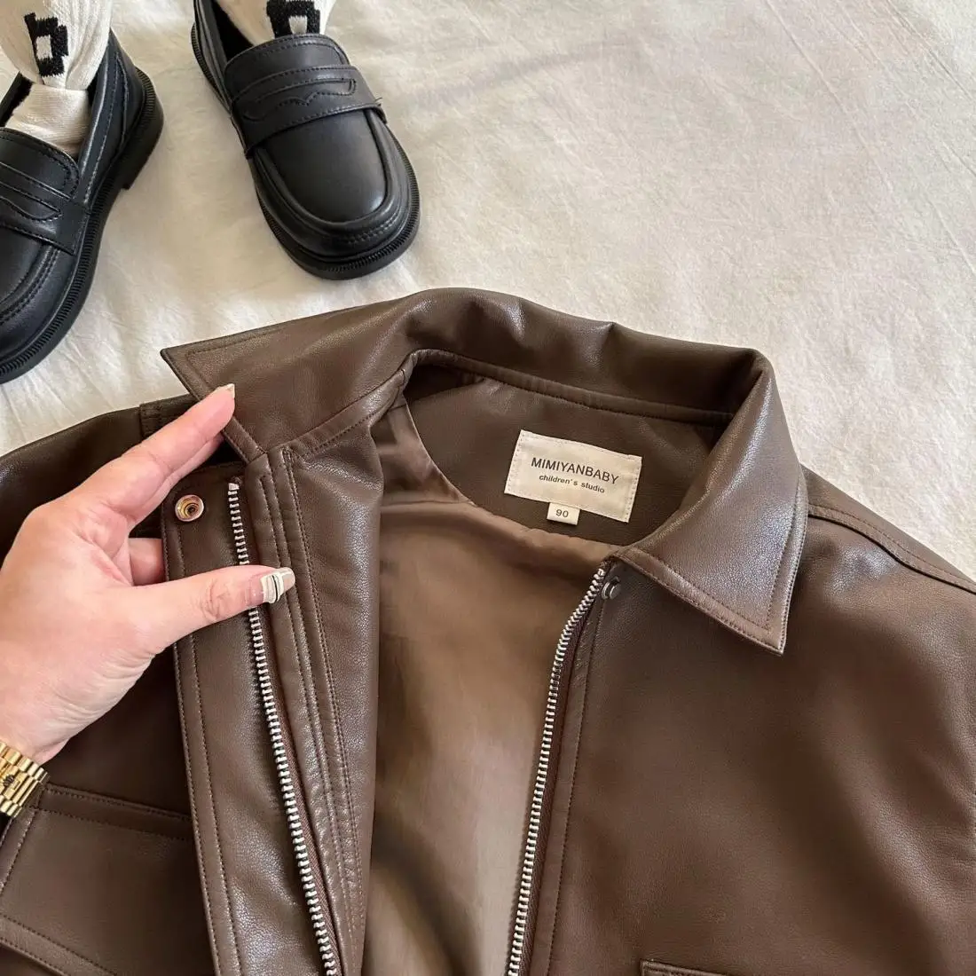 Brown PU Leather Toddler Jacket - Zipper Coat with Lapel Collar for 2-10Y