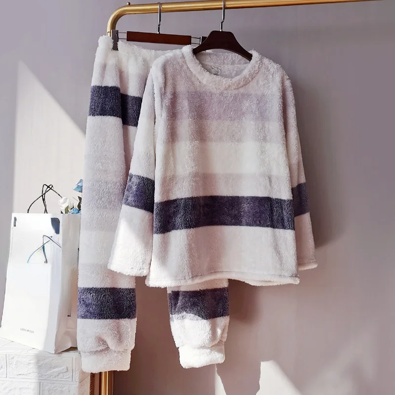 

Японская мягкая теплая искусственная осень-зима полосатая Двусторонняя одежда с длинным рукавом пижамные костюмы Повседневная Домашняя одежда