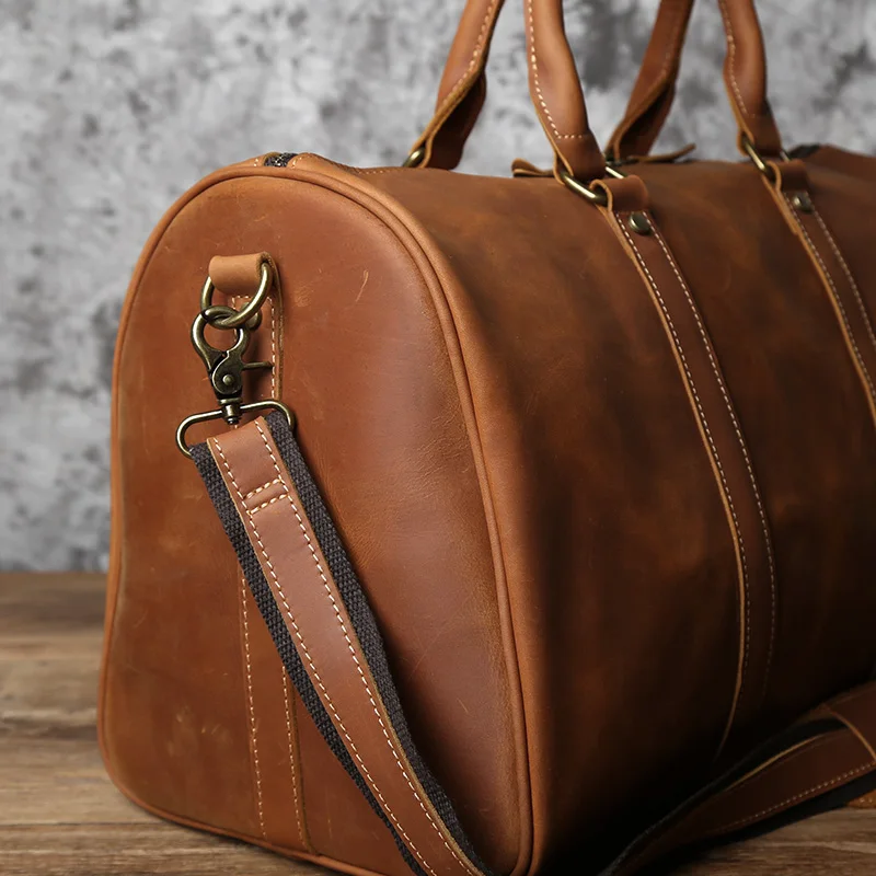 NZPJ Retro Men's Travel Bag Leather Large-Capacity Handbag First Layer Cowhide Zipper Shoulder Messenger Bag 15 Inch Laptop