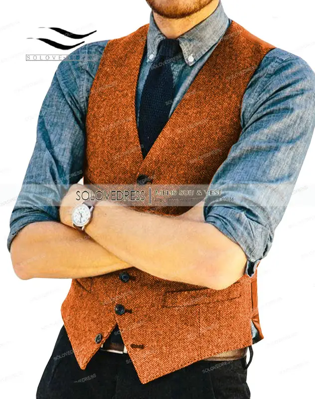 Mens Vests Tweed Herringbone Slim Fit Fashion Men's Suits Vests For Jacket Groomsmen  Waistcoat For Wedding - Image 16