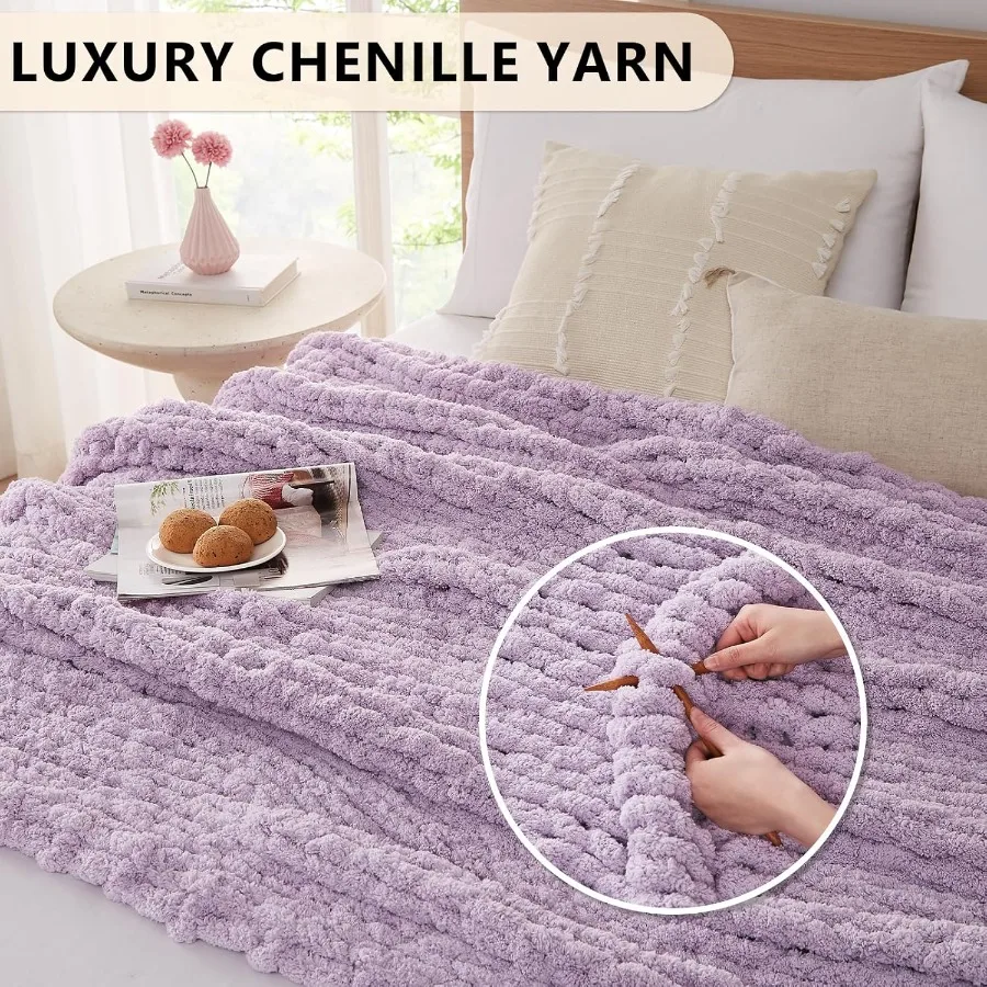 L Agusty Chunky Knit Blanket Throw: 72''x84'' Chenille Thick Knitted Throw Blanket for Bed Couch Handmade Large Purple Chunky R