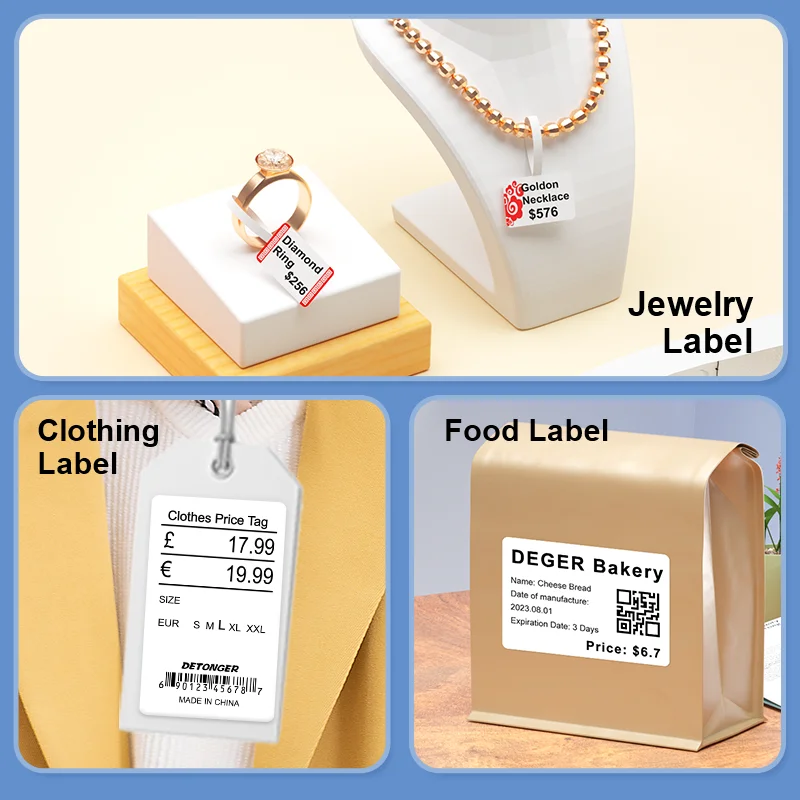 DETONGER DP26 열전사 라벨 프린터 및 3 롤 접착 용지, 휴대용 무선 BT 사무실 비즈니스 라벨 메이커