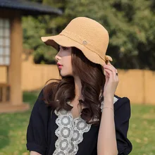 

Breathable Small Fresh Bucket hat Female Summer Sunscreen Linen Sun Hat Hollow Literary Basin Hat Foldable Korean Knitted Hat