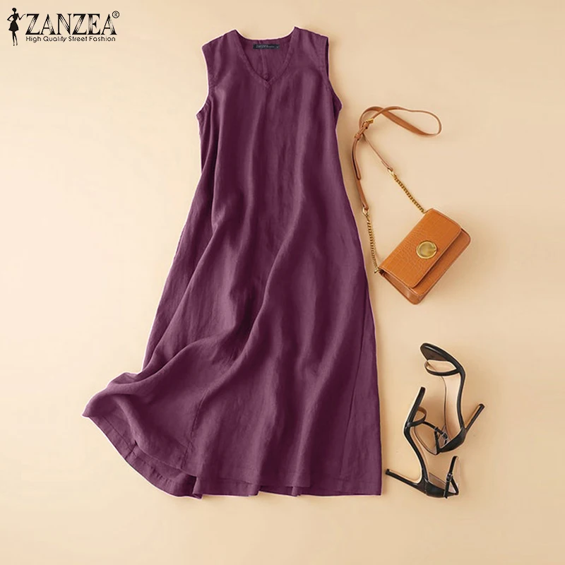 ZANZEA 2025 Sommer Ärmelloses Kleid Frau Mode V Neck Solide Sommerkleid Beiläufige Lose Party Vestidos De Mujer Vintage Rob_voghion.com