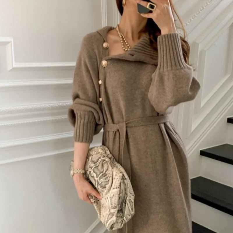 

Japanese Turtleneck Lace up Waist Knitted Dress Autumn Winter Women Long Sleeve Elegant Sweater Midi Dress Lace-up Waist Outfits