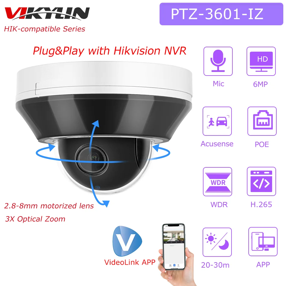 Vikylin Hikvision Compatibile 6Mp Ptz Dome Ip Camera 3X Zoom Microfono Integrato Ir20M Ip66 Cctv Telecamera Di Sicurezza Di Sorveglianza App View