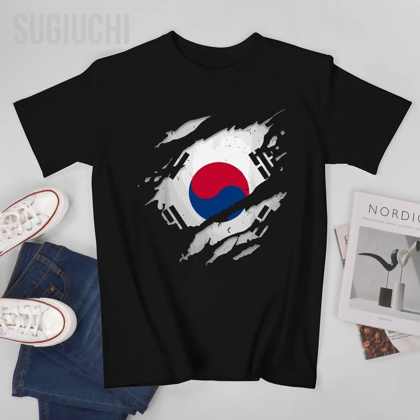 

Мужская рваная Футболка с принтом гордости и флагом Южной Кореи, футболки с круглым вырезом, женские и мужские футболки из 100% хлопка, короткая футболка унисекс на все сезоны