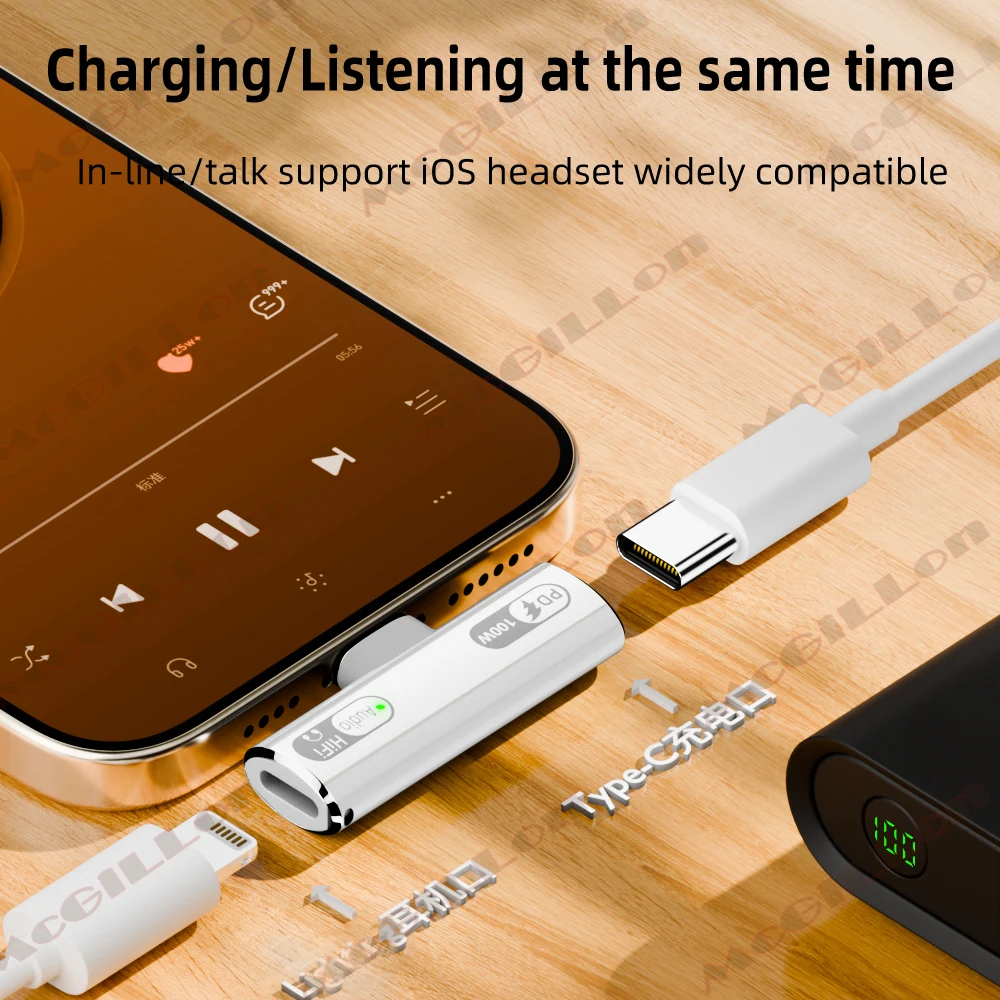 2 in 1 Type C to Type-C Headphone Charging for iOS AUX Audio Adapter PD100W USB C to iPhone HiFi Earphone Connector for iPad