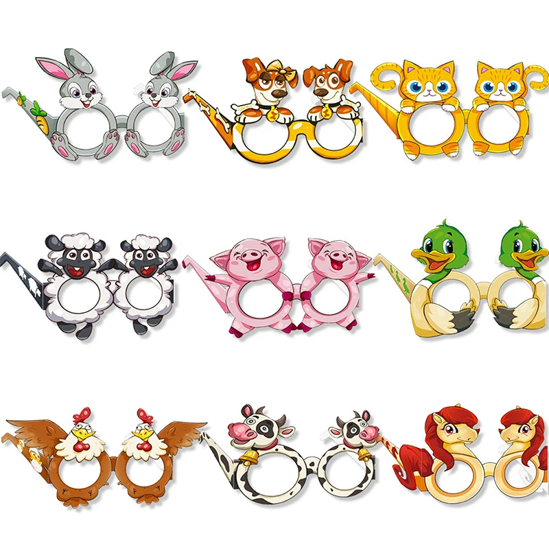 9Pcs Animal Party Paper Glasses Birthday Party Decoration Cattle Sheep Pig Cartoon Supplies Baby Shower Photos Props
