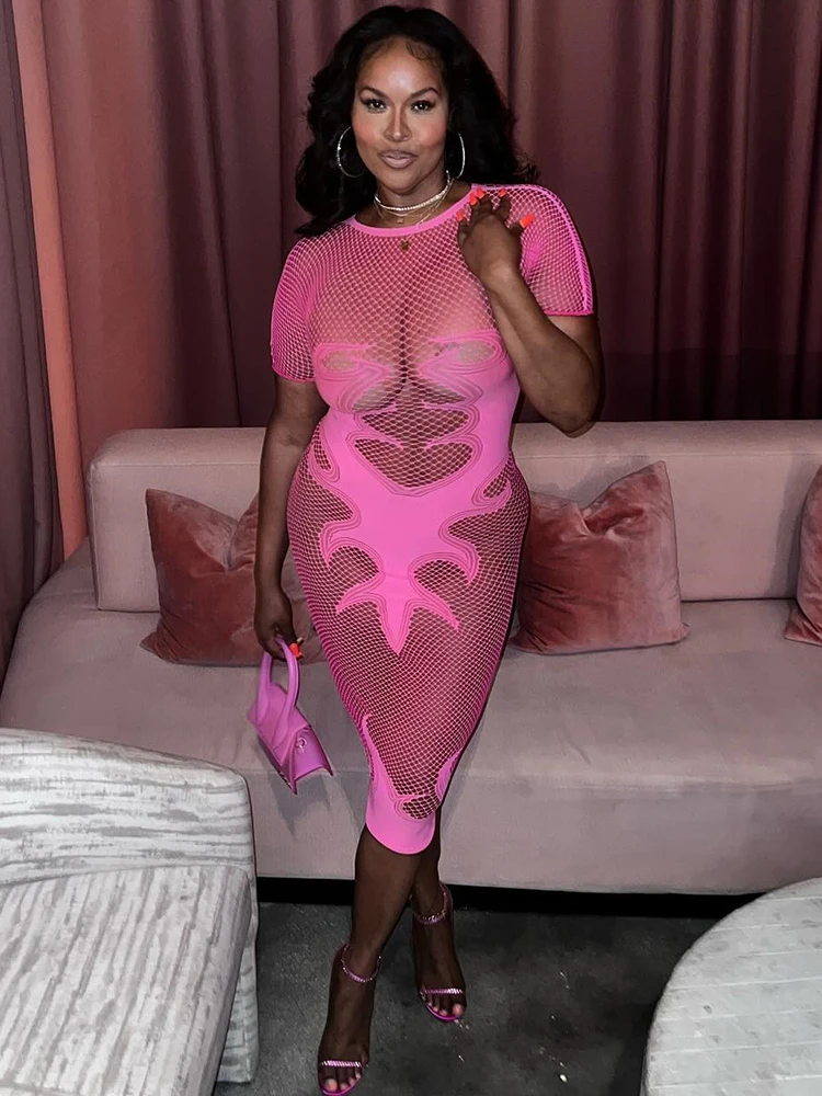 Sifreyr High Stretch Sheer Long Dress Women Fashion O Neck Short Sleeve Streetwear Sexy Club Party Bodycon Dresses Vestido 5