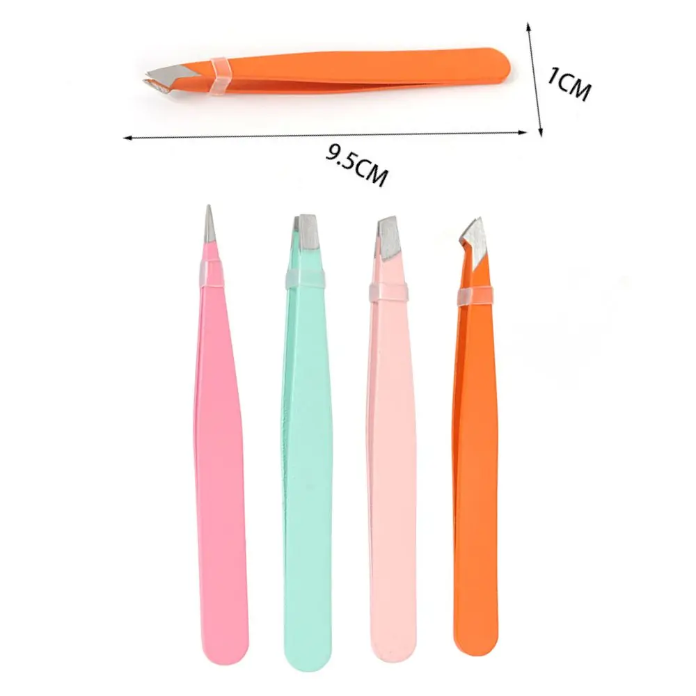 전문가용 4개 다채로운 스테인레스 스틸 눈썹 핀셋 세트 - 경사진 팁, 정밀 제모 및 여행용 케이스 메이크업 도구