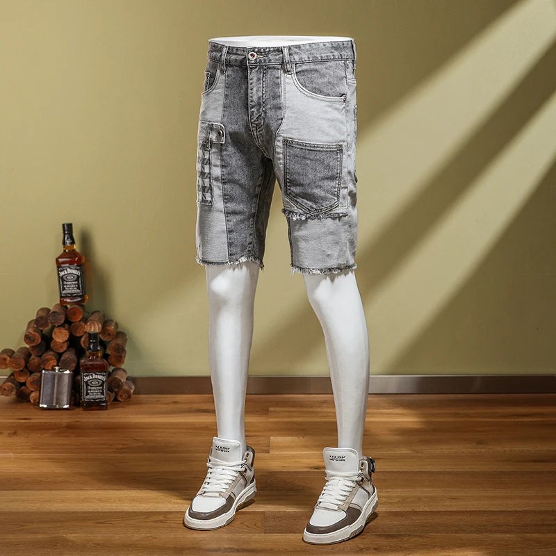 2024 new MEN'S denim shorts with distressed patchwork and trendy elastic slim fit patches fashionable slim fit biker capris